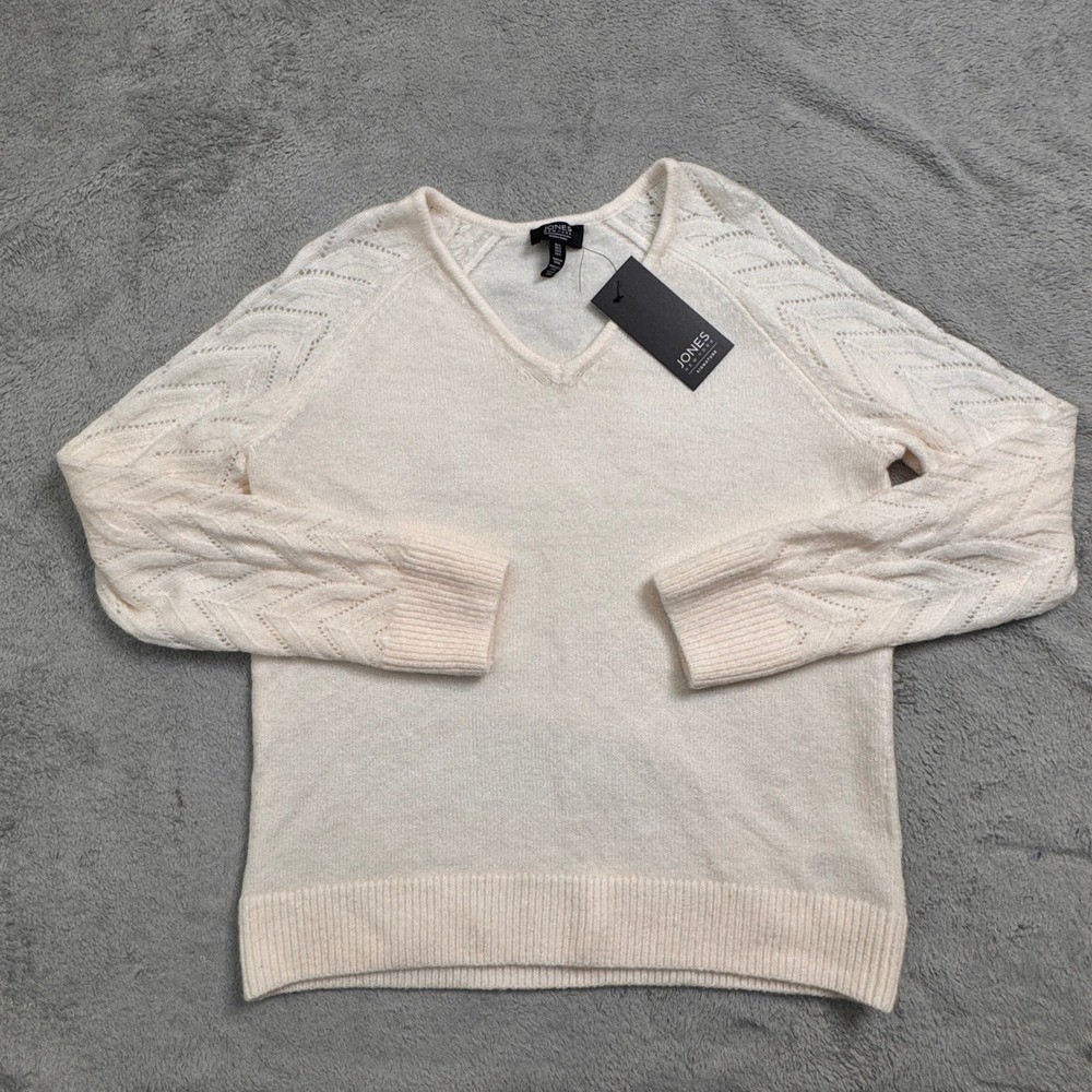 NWT Jones‎ New York Signature Cream V-Neck Cable Knit Sweater Women's Size S